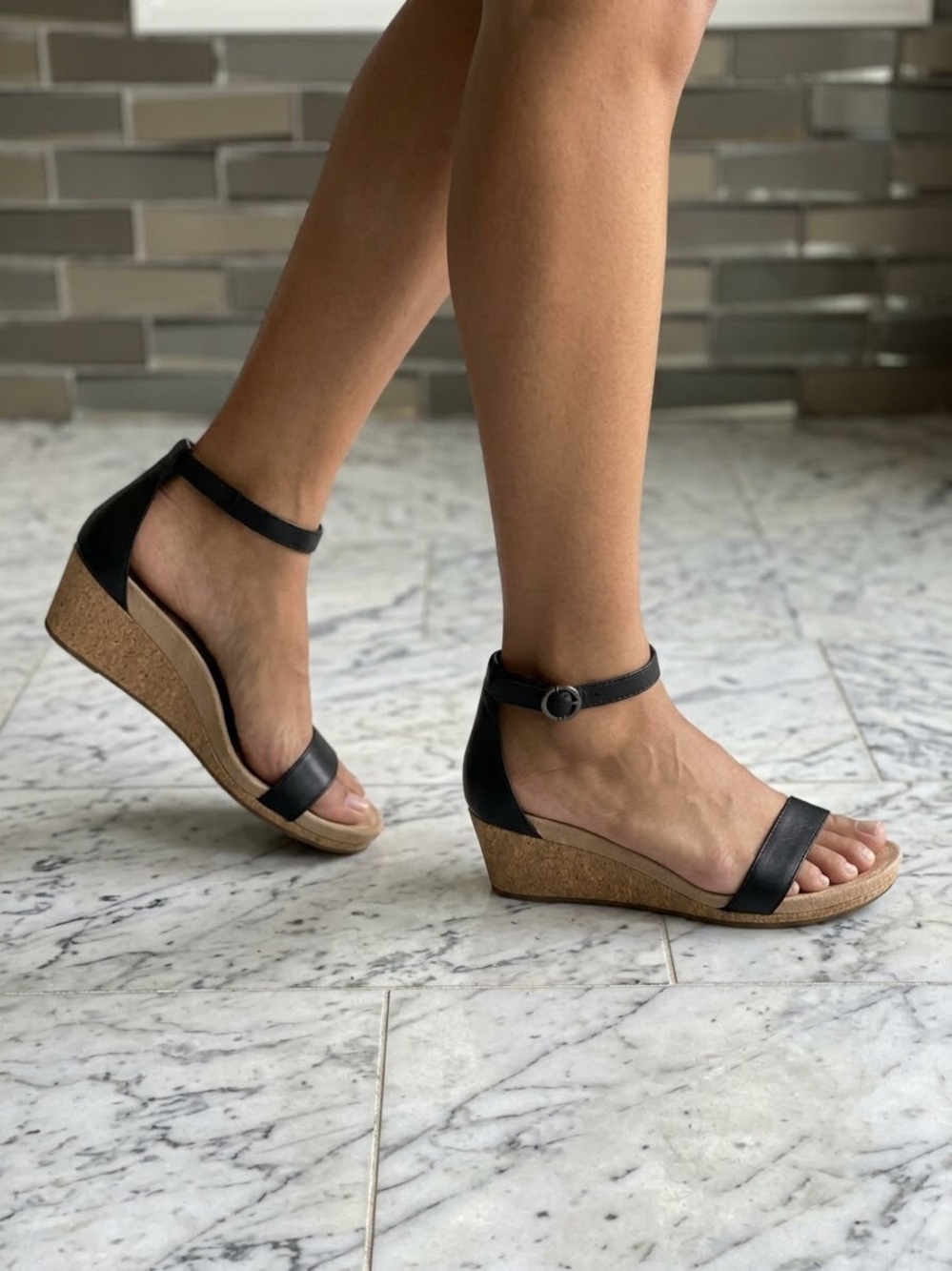 UGG Black Leather Cork Wedge Ankle Strap Sandals Size 9 US (EU 40)